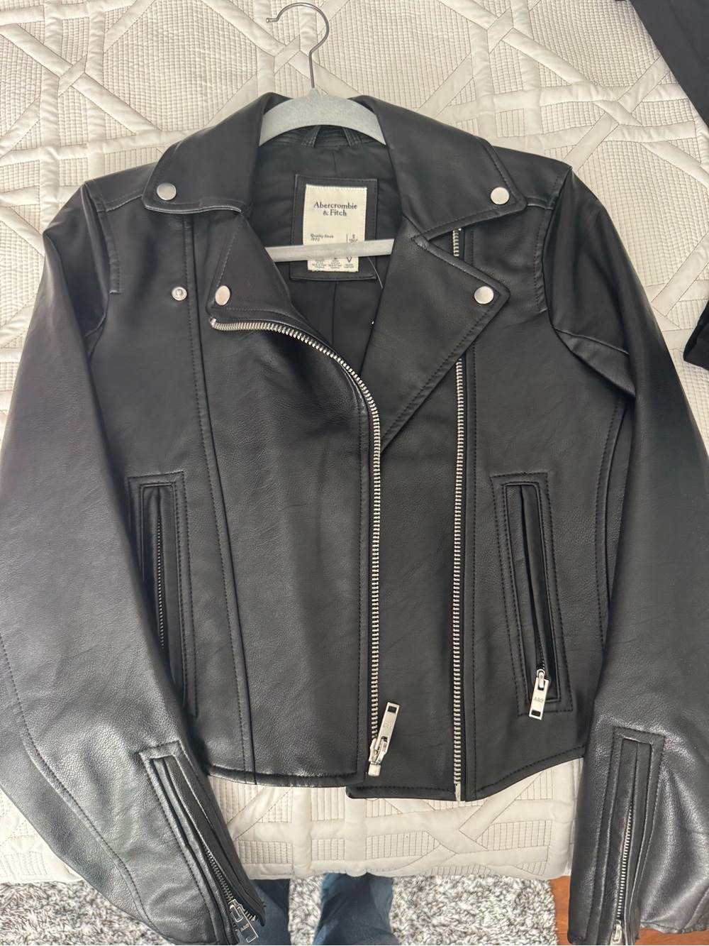 Abercrombie & Fitch Black Faux Leather Moto Jacket with Silver Hardware